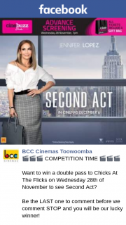 BCC Cinemas Toowoomba – Win a Double Pass to Chicks at The Flicks on Wednesday 28th of November to See Second Act