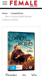 Female – Win One of 5 X Dances With Wolves Collectors Edition DVDs (prize valued at $150)