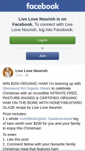 Live Love Nourish – Win $200 Organic Ham (prize valued at $200)