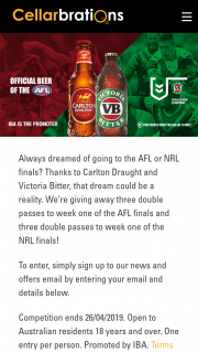 Cellarbrations – Three Double Passes to Week One of The AFL Finals and Three Double Passes to Week One of The Nrl Finals (prize valued at $840)