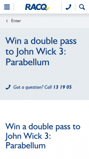 RACQ – Win a Double Pass to John Wick 3 Parabellum (prize valued at $40)