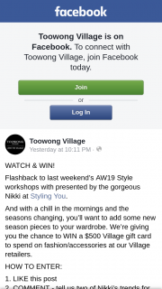 Toowong Village – Win a $500 Village Gift Card to Spend on Fashion/accessories at Our Village Retailers (prize valued at $500)
