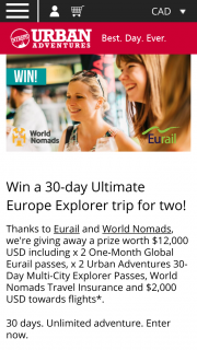 Urban Adventures – a Prize Worth $12000 Usd Including X 2 One-Month Global Eurail Passes (prize valued at $12,000)