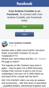 Andrew Cosi Costello – Win a $350 Discovery Holiday Park Voucher Thanks to Allin Towbars?? (prize valued at $350)