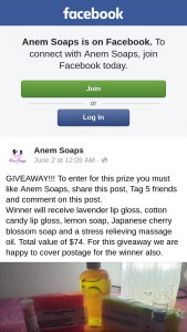Anem Soaps – Will Receive Lavender Lip Gloss (prize valued at $74)