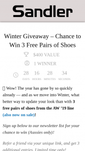 Sandler – Win 3 Free Pairs of Shoes (prize valued at $400)