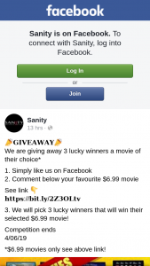 Sanity – Win Their Selected $6.99 Movie