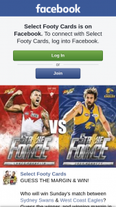 Select Footy Cards – Win Sunday’s Match Between Sydney Swans & West Coast Eagles (prize valued at $1)