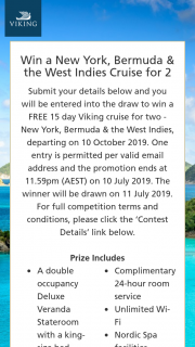 Viking cruises – Win a Free 15 Day Viking Cruise for Two (prize valued at $9,990)