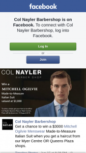 Col Nayler Barbershop Brisbane – Win a $3000 Mitchell Ogilvie Menswear Made-To-Measure Italian Suit When You Get a Haircut From Our Myer Centre Or Queens Plaza Shops (prize valued at $3,000)