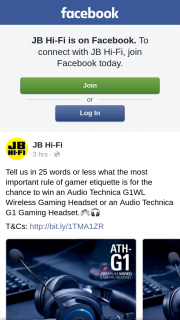 JB HiFi – Win an Audio Technica G1wl Wireless Gaming Headset Or an Audio Technica G1 Gaming Headset (prize valued at $249)