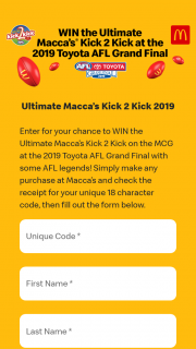 McDonalds “Maccas” Kick 2 Kick – Win The Ultimate Macca’s Kick 2 Kick on The Mcg at The 2019 Toyota AFL Grand Final With Some AFL Legends (prize valued at $35,000)
