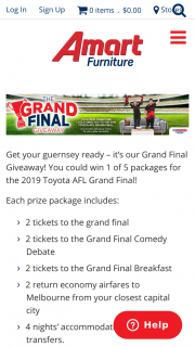 Amart Furniture – Win 1 of 5 Packages for The 2019 Toyota AFL Grand Final (prize valued at $39,107)
