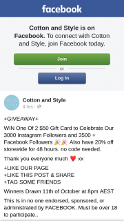 Cotton and Style – Win One of 2 $50 Gift Card to Celebrate Our 3000 Instagram Followers and 3500 Facebook Followers Also Have 20% Off Storewide for 48 Hours