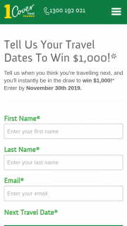 1Cover Travel Insurance – Win $1000 Enter By November 30th 2019. (prize valued at $1,000)