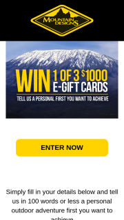 Mountain Designs – Win 1 of 3 E Gift Card Valued at $1000 (prize valued at $1,000)