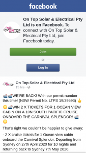 On Top Solar & Electrical Pty Ltd – Win 2 X Tickets for 1 Ocean View Cabin on a 10 Night South Pacific Cruise Onboard The Carnival Splendor (prize valued at $1,965)