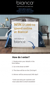 Bianca – Win $1000 Worth of Bedding Products From Bianca