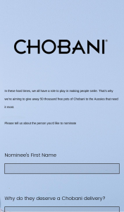 Chobani – Win 4 Cases of Chobani Yogurt Valued at $64 RRP (prize valued at $64)