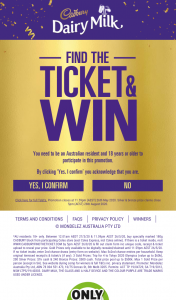 Coles Buy block special marked Cadbury blocks find winning tickets trip to Tokyo Olympics & instant cash – Win 1000 Find a Bronze Ticket Win 500. (prize valued at $60,000)