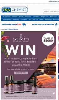MyChemist-Chemist Warehouse/EPharmacy / Sukin – Win a Wellness Trip to The Gold Coast for Two (2) Adults Valued at Up to Au$5000 Depending on Date and Point of Departure (prize valued at $5,000)