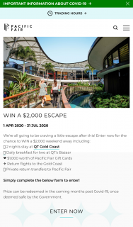 Pacific Fair Shopping Centre – Win a $2000 Weekend Away Including (prize valued at $2,000)
