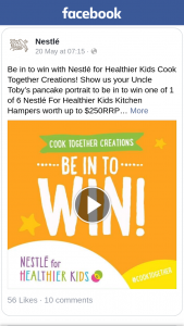 Nestle – Win One of 1 of 6 Nestlé for Healthier Kids Kitchen Hampers Worth Up to $250RRP Including a Personalised Name Kid’s Apron