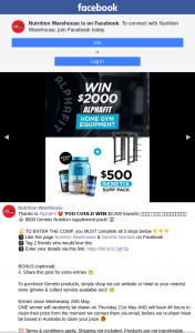 Nutrition Warehouse – Win $2000 Towards Home Gym Equipment Plus $500 GeneTicket Nutrition Supplement Pack