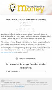 reallysimplemoney – Win a Month’s Supply of Woolworths Groceries (prize valued at $395)