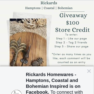 Rickards Homewares – Win 1/2 $100 Vouchers (prize valued at $200)