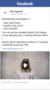 Tide Apparel – Win The Complete Winter 2020 Range In Your Allocated Size ( Includes Womens Items )