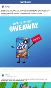 Up & Go – Win a $100 Prezzee Gift Card Each (prize valued at $2,000)