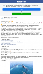Fraser Coast Travel Centre – Win an Incredible Weekend Getaway for Two In Sunny Hervey Bay? (prize valued at $1,000)