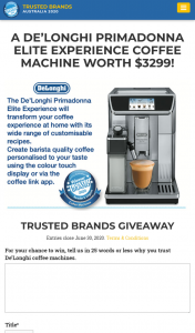 Trusted Brands – Readers Digest – Win a De’longhi Primadonna Elite Experience Coffee Machine (prize valued at $3,299)