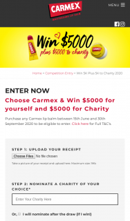 Carmex – Win $5000 for Yourself and $5000 for Your Nominated Charity (prize valued at $10,000)