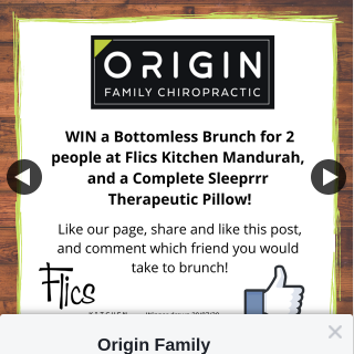 Origin Family Chiropractic – Win Bottomless Brunch for 2 at Flics Kitchen Mandurah & Complete Sleeprrr Therapeutic Pillow