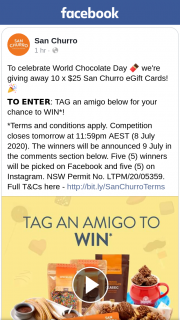 San Churro – Win 1/10 $25 San Churro Egift Cards (prize valued at $250)