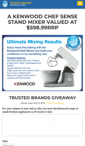 Trusted Brands – Readers Digest – Win a Kenwood Chef Sense Stand Mixer Valued at $598.99RRP (prize valued at $598)