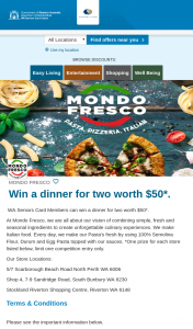 WA Seniors – Win a Dinner for Two Worth $50. (prize valued at $150)