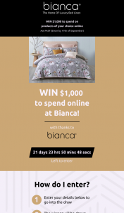 Bianca – Win $1000 Worth of Bedding Products From Bianca (prize valued at $1,000)