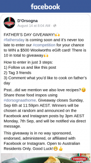 D’Orsogna – Win a $500 Woolworths Egift Card (prize valued at $5,000)