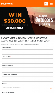 Foodworks Great Outdoors Giveaway – Win 1 of 10 $5000 Camping and Outdoor Gear Packages (prize valued at $5,000)