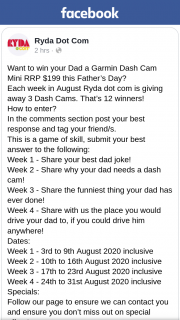 Ryder Dot Com – Win Your Dad a Garmin Dash Cam Mini RRP $199 this Father’s Day