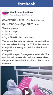 Cambridge Coatings – Win a $100 Coles Myer Gift Voucher (prize valued at $100)