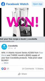 Cocobella – Win a Vitamix Ascent Series A2300i From Raw Blend and Three Month’s $300 Supply of Your Fave Cocobella Products (prize valued at $1,245)