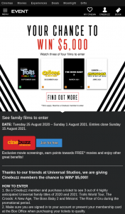 Event Cinemas Cinebuzz – Win $5000 Purchase Tickets to See Three Out of Four Films