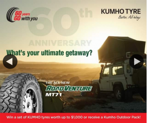 Kumho Tyre – Win a Set of Kumho Tyres (prize valued at $1,000)