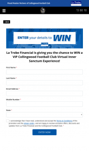 Latrobe Financial – Win a VIP Collingwood FooTBall Club Virtual Inner Sanctum Experience (prize valued at $5,000)
