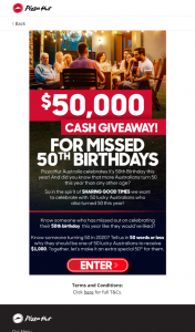 Pizza Hut – Win $1000 – 50 Years of Pizza Hut Missed Birthdays (prize valued at $50,000)