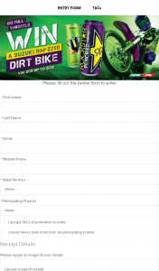 Puma Energy [Fuel Service Stations] – V-Energy | Rockstar buy any VE or RS energy drink Enter to – Win a Suzuki Dirt Bike (prize valued at $12,000)